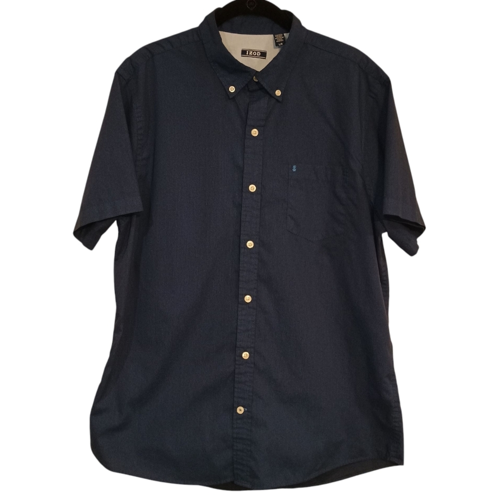 IZOD Men's Blue Short Sleeve Button Up Collared Shirt Size Large Perfect Cond.